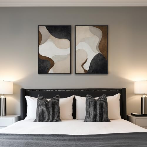 Large Framed Modern Beige Brown Abstract Canvas Wall Art Set of 2, 20x30 In - color: Fluid Shapes, size: 20" W x 30" H x 2Pcs