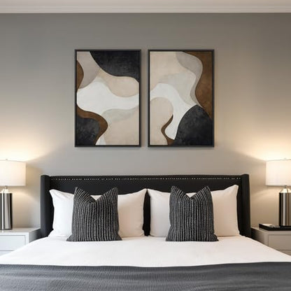 Large Framed Modern Beige Brown Abstract Canvas Wall Art Set of 2, 20x30 In - color: Fluid Shapes, size: 20" W x 30" H x 2Pcs