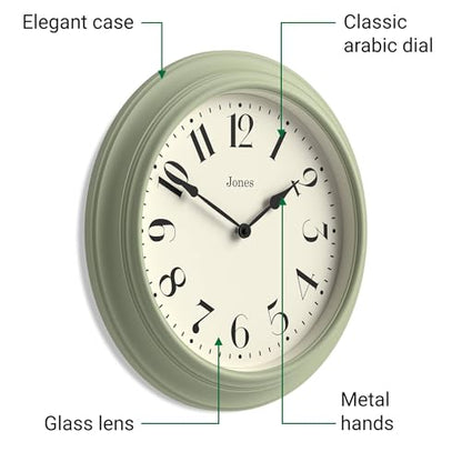 JONES CLOCKS® Fenchurch wall Clock | Large Classic Clock | 16" | Green - color: Sage Green
