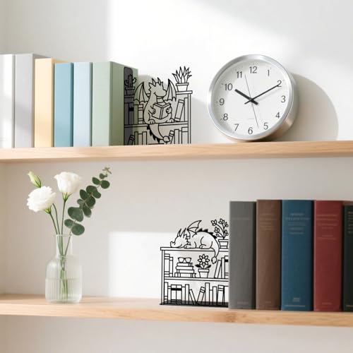 Metal Bookends Dragon Book Ends for Shelves - color: Black - 1 Pair Dragon & Bookshelf