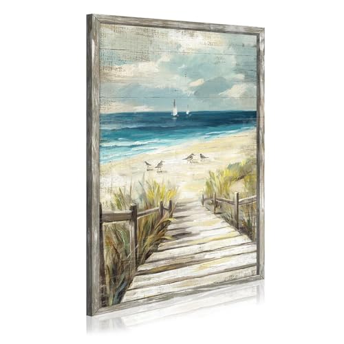 Wood Ocean Beach Wall Art: Framed Coastal Landscape Painting Vertical Seaside Boardwalk Prints Rustic Sea Wave Seascape Artwork Relaxing Shore Seagulls Picture for Bathroom Bedroom - color: Boardwalk, size: 16"L x 11"W