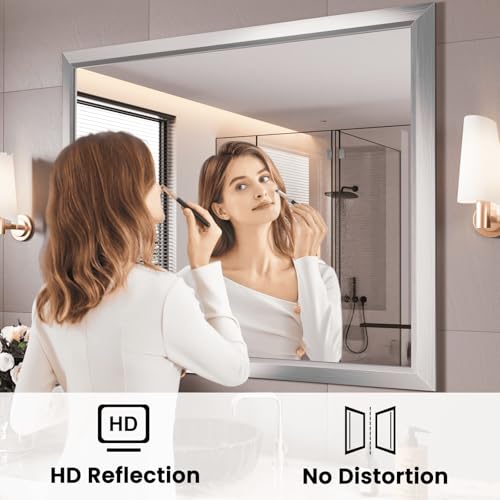 Amorho Bathroom Mirror for Wall 44x36 Inch, Brushed Silver Metal Framed - color: Silver, size: 44"L x 36"W