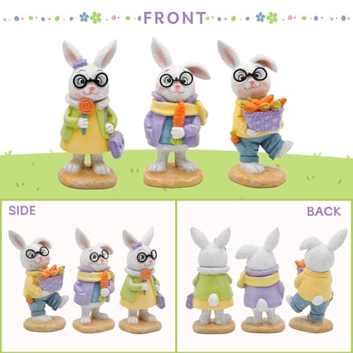 nuvagiki Spring Decorations for Home,3PCS Spring Bunny Figurines Decor, Rustic Farmhouse Bunny with Basket, Carrot Kitchen Table Tiered Tray Decor, Spring Office Classroom Decorations
