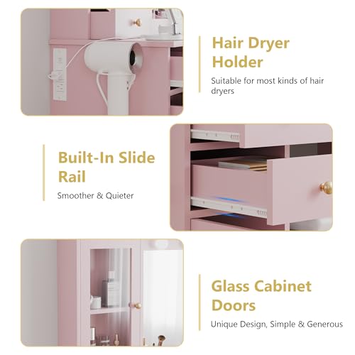 Xixini 44" Vanity Desk with Mirror & Lights, Glass Storage Cabinets, Pink - color: Pink