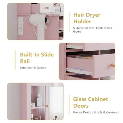 Xixini 44" Vanity Desk with Mirror & Lights, Glass Storage Cabinets, Pink - color: Pink
