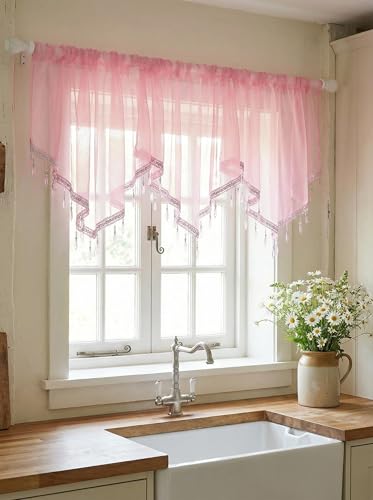 Molaxhome Swag Curtain Scalloped Curtain Valance Drape Sheer Lace Panel 1pc - color: Pink