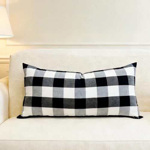 Slow Cow Lumbar Throw Pillow Cover Checker Plaid 12 x 24 Inches Black - color: D-plaid Black, size: 24" x 12" (Pack of 1)