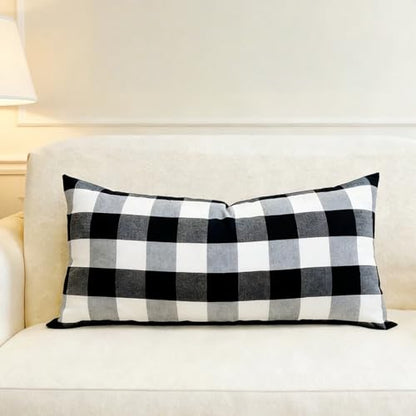 Slow Cow Lumbar Throw Pillow Cover Checker Plaid 12 x 24 Inches Black - color: D-plaid Black, size: 24" x 12" (Pack of 1)