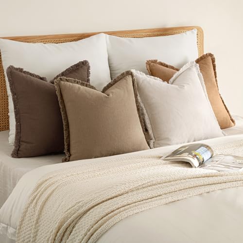 MIULEE Fall Linen Fringe Pillow Covers Set of 4 18x18 Neutral Brown - color: Neutral Brown, size: 18" x 18" (Pack of 4)
