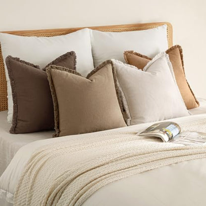 MIULEE Fall Linen Fringe Pillow Covers Set of 4 18x18 Neutral Brown - color: Neutral Brown, size: 18" x 18" (Pack of 4)
