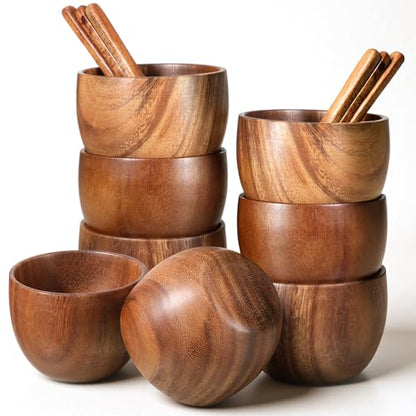 4 Pack Acacia Wooden Bowl with 4 Pcs Spoon Wooden Dipping Bowls Round Wood Salad Hand Carved Calabash Dip Tray for Condiments, Jam, Nuts, Appetizer, Snack, Yogurt, Ketchup, Barbecue Sauce(3 Inch) - size: 3 Inch