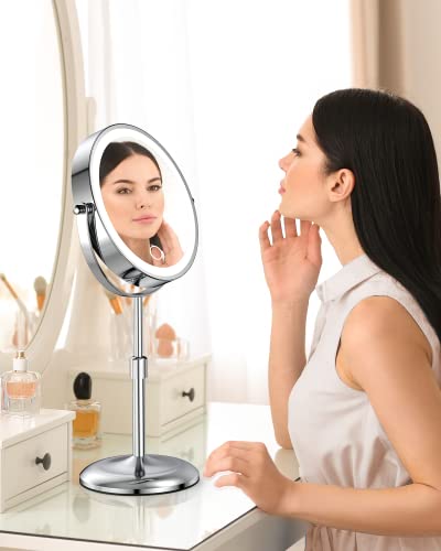 7" Lighted Makeup Mirror with Magnification 10X, Height Adjustable,3 Lights - color: Silver
