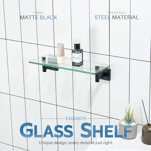 KOKOSIRI Bathroom Shelves Glass Floating Shelf 12-Inch for Bedroom, Living Room, Kitchen, Small Hanging Rack Rustproof Wall Mounted Black B1105BK-L12 - color: Matte Black, size: 12-Inch