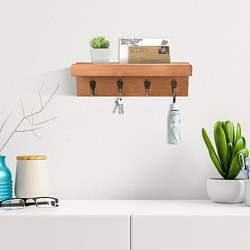 Key Holder Wall Mount, Farmhouse Wall Shelf with 4 Hooks for Entryway - color: Brown - Oak