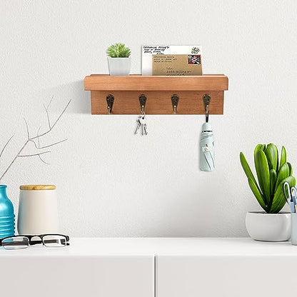 Key Holder Wall Mount, Farmhouse Wall Shelf with 4 Hooks for Entryway - color: Brown - Oak