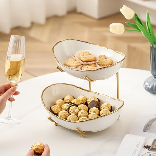 2-Tier Fruit Bowls for Kitchen Counter,Ceramic White Bowl with Gold Metal Stand,2 Tier Fruit Basket for Fruit,Snack,Cake,Nuts,Dessert Space Saving Storage - color: Gold&White