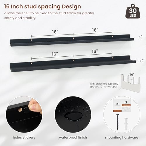 Axeman Picture Ledge Shelf, 48 Inch Black Floating Shelves Set of 4 - color: Black, size: 48 Inch