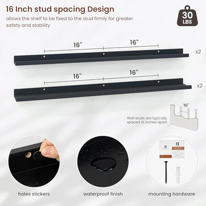 Axeman Picture Ledge Shelf, 48 Inch Black Floating Shelves Set of 4 - color: Black, size: 48 Inch