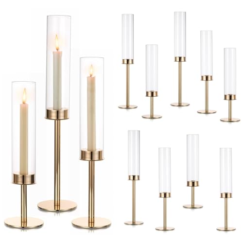 Hewory Gold Candlestick Holders: 12PCS Cylinder Glass Hurricane for Tapers - color: Gold, size: 12pcs