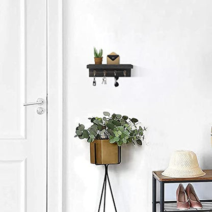 Key Holder Wall Mount, Farmhouse Wall Shelf with 4 Hooks for Entryway - color: Black - Pine