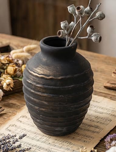 NiHome 6.7" Ribbed Ceramic Bud Vase, Farmhouse Flower Vase, Rustic, Black - color: Black