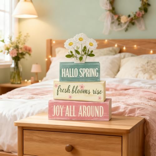 Spring Decoration Wooden Tiered Tray Decor – Rustic Hallo Spring Stacked Block Sign with Daisy Flower Topper – Farmhouse Tabletop Spring Decor for Living Room Shelf Kitchen Coffee Bar Seasonal Home Display - style: Hallo Spring