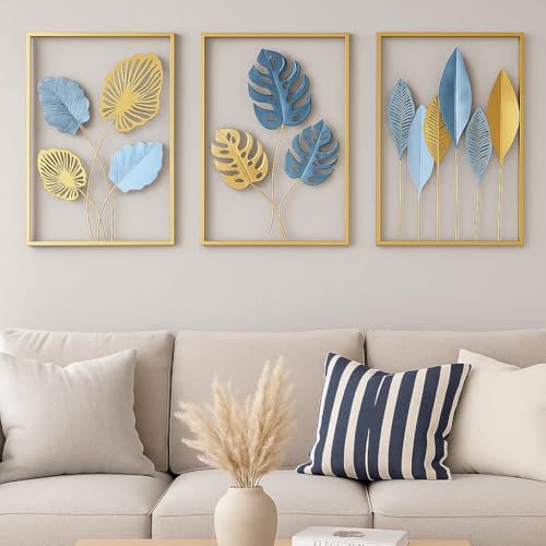 Bohemian 3D Metal Leaf Gold Wall Art Set of 3 | Boho Hallway Wall Hanging Home Decor for Farmhouse Living Room, Office, Bedroom, Indoor, Outdoor | Large Modern Minimalist Gold Metal Wall Sculptures(16x11")