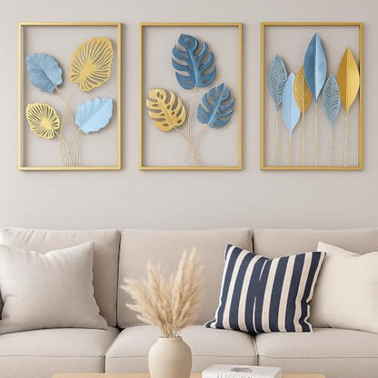 Bohemian 3D Metal Leaf Gold Wall Art Set of 3 | Boho Hallway Wall Hanging Home Decor for Farmhouse Living Room, Office, Bedroom, Indoor, Outdoor | Large Modern Minimalist Gold Metal Wall Sculptures(16x11")