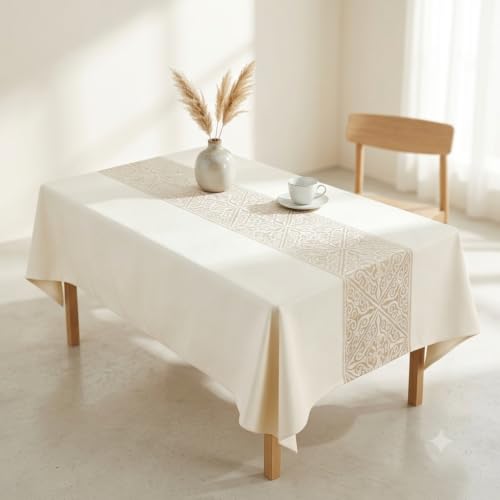 Rectangle Linen Tablecloth Luxury Totem Spillproof Cloth, 55x70 Inch - color: Beige Nel, size: 55"x70"fits 4-6 seats (table length 46"-52")