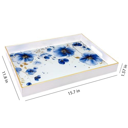 Serving Tray with Handles, 15.7 * 11.8 inches, Plastic Ottoman Tray with Exquisite Paintings, Trays for Coffee Table - color: Charm Blue