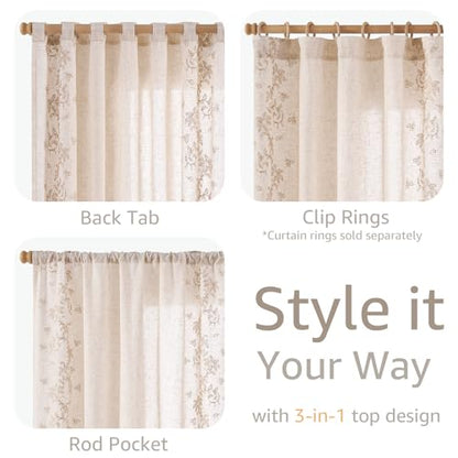 jinchan Floral Linen Curtains, Back Tab 50x96 Inch, 2 Panels Beige - color: Vine | Beige, size: 50"W x 96"L (Pack of 2)