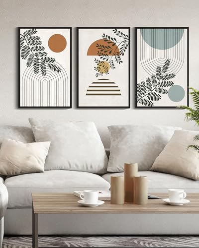 Drsoum Large 16x24in Botanical Boho Wall Art Framed Modern Plant Leaf Bohemian Wall Decor Abstract Geometry Lines Prints Ready to Hang Black Framed - color: Beige Bohemain, size: 16" x24" x3pcs, Black Framed