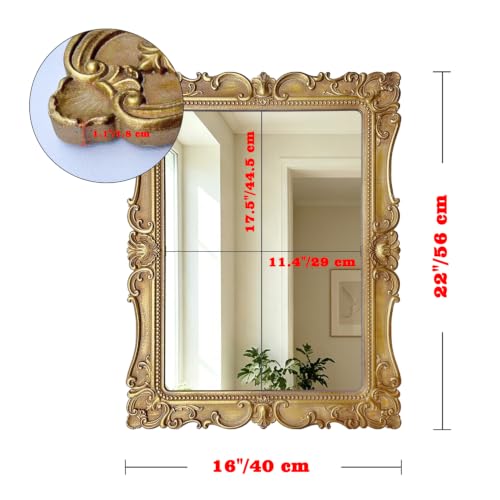 Vintage Rectangular Wall Mirror, Ornate Baroque Carved Wood Frame - color: Antique Gold, size: 22"L x 16"W