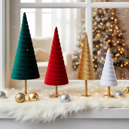 Hoolerry 4 Pcs Christmas Velvet Trees with Gold Pedestal, Classic Xmas - color: Classic Xmas