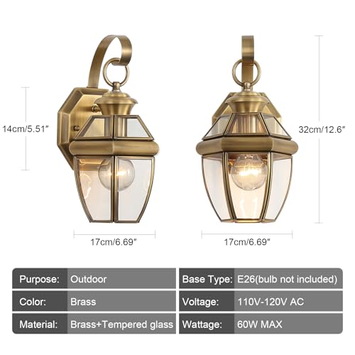 Brass, Outdoor Wall Sconce Clear Glass,12.6" 2-Pack - color: Antique Brass - 2 Pack, size: 12.6 inch