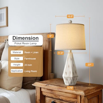 PoKat 23'' Farmhouse Table Lamps Set of 2, Beige Rustic Lamps for Living Bedroom Night Stands, Bedside Nightstands Living Room Table Lamps for End Side Table, Beige and White - color: Medium - Washed White