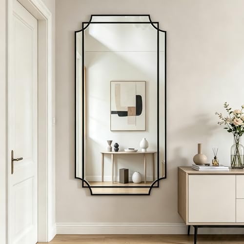 59"x30" Large Rectangle Beveled Mirror with Geometric Wood Frame - color: Black, size: 59"L x 30"W