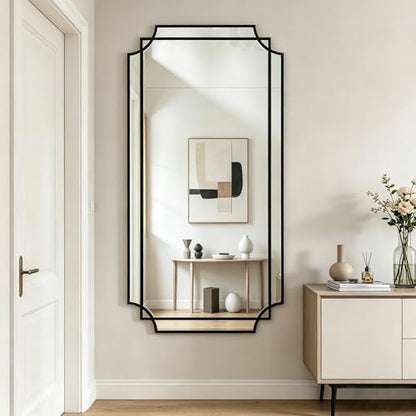 59"x30" Large Rectangle Beveled Mirror with Geometric Wood Frame - color: Black, size: 59"L x 30"W