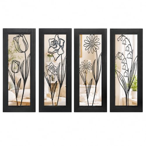 ZEXUIRU 4 Set Rustic Wall Mirrors for Bedroom Bathroom Living Room Entryway Wood Farmhouse Rectangular Easy to Hang Framed Decorative Accent Hanging Wall-Mounted Mirror Set for Living Room - Black - color: Rectangular Black