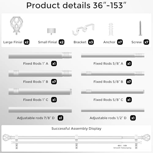 Double Curtain Rod 36-153 Inch, Heavy Duty Extra Long Rods, White - color: Plain White, size: 36"-153"