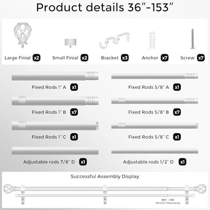 Double Curtain Rod 36-153 Inch, Heavy Duty Extra Long Rods, White - color: Plain White, size: 36"-153"