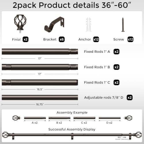 2 Pack Bronze Curtain Rod 36-60, 1 Inch Curtain Rods for Windows - color: Bronze, size: 36"-60" (2 Pack)