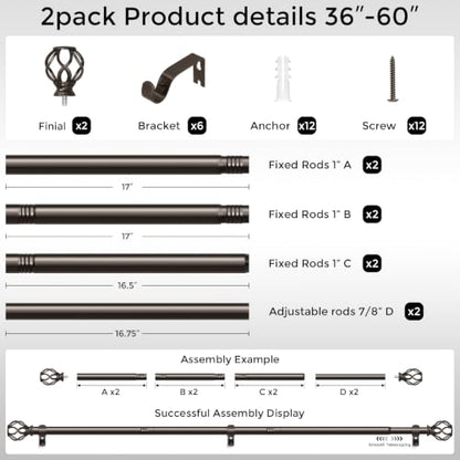 2 Pack Bronze Curtain Rod 36-60, 1 Inch Curtain Rods for Windows - color: Bronze, size: 36"-60" (2 Pack)
