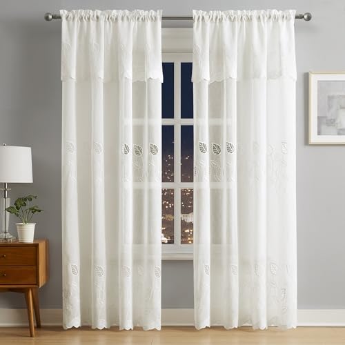 LinenZone 96 Inch Off-White Embroidered Leaf Curtains. (Emma 54x96, Natural) - color: Natural, size: 54"W x 96"L (Pack of 2)