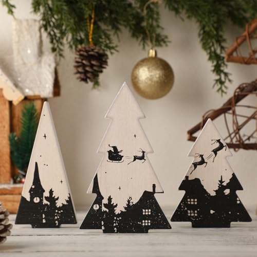 Syhood 3 Pcs Christmas Table Decorations, Wooden Christmas Tree Figurines - style: Christmas Tree