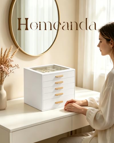 Homeanda Jewelry Boxes Organizer with Glass Lid, 5-Layer PU Leather, White - color: White, size: 5 Layer