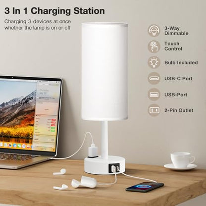 Fenmzee White Bedside Lamp for Bedroom, Dimmable Touch, USB A+C, AC Outlet - color: White - White, size: 14"