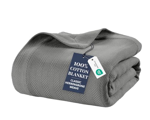 LANE LINEN 100% Cotton Blanket King, Textured Herringbone Weave - color: 04: Grey, size: King