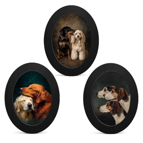 3Pcs Vintage Dog Portrait Oval Wall Art Framed Dog Owner Home Decor | Antique Couple Dogs Oval Wall Decor - Rustic Animal Canvas Prints Hanging Decor for Home Farmhouse Living Room - color: color-I