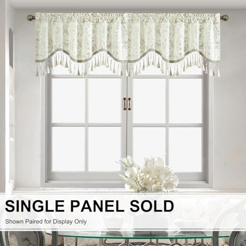 Leeva Scalloped Valance for Window, Floral Foil Print Curtain Topper for Bedroom Living Room, 52" x 18" Rod Pocket Valance, White - color: White